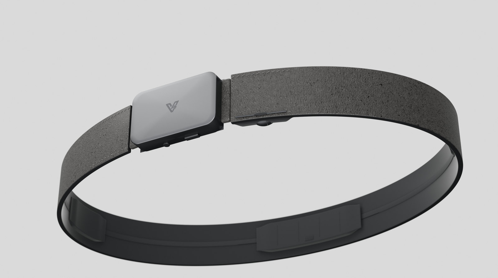 Vyldor belt seen from below, showing the audio dock, the contextual button and the buckle release